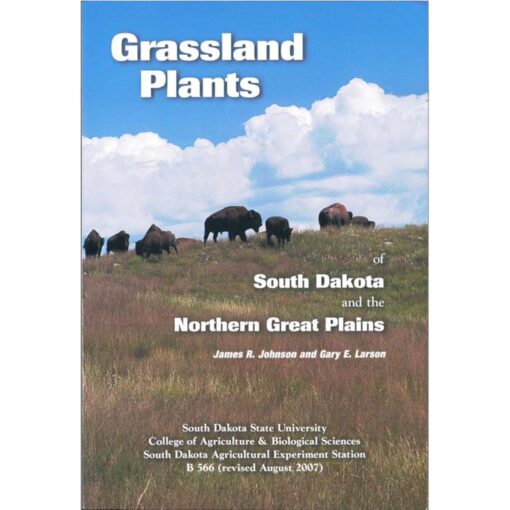 The cover of the book Grassland Plants of South Dakota and the Northern Great Plains shows a photo of a prairie landscape with a herd of bison grazing under a blue sky with fluffy white clouds. The title is in bold white text at the top, with the authors, James R. Johnson and Gary E. Larson, credited below. At the bottom, South Dakota State University, College of Agriculture & Biological Sciences, and the South Dakota Agricultural Experiment Station are listed as contributors, with a note indicating the book was revised in August 2007