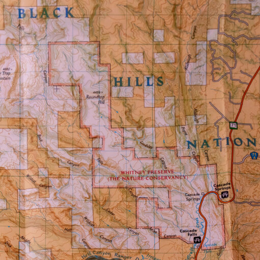 Interior map view of the Trails Illustrated Topographical Map of the Black Hills. Brown with trail and road markings. Large text reads Black Hills National Forest.