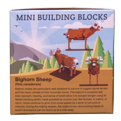 The image shows a product box for "Mini Building Blocks" featuring a Bighorn Sheep model. The front of the box has an image of the completed Bighorn Sheep model, constructed from small block pieces. The model consists of 200 pieces and assembles to a size of 4¾ inches long, 3⅛ inches wide, and 3⅜ inches tall (approximately 110 x 80 x 84 mm). The background of the box illustration features mountains and trees, reflecting a natural, outdoor setting. A red icon notes the product is for ages 7 and up.