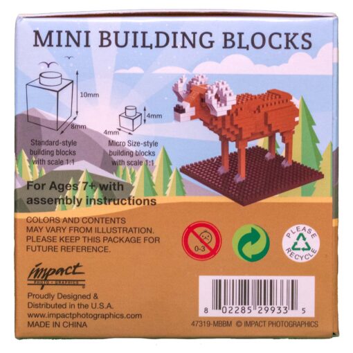 The image shows a product box for "Mini Building Blocks" featuring a Bighorn Sheep model. The front of the box has an image of the completed Bighorn Sheep model, constructed from small block pieces. The model consists of 200 pieces and assembles to a size of 4¾ inches long, 3⅛ inches wide, and 3⅜ inches tall (approximately 110 x 80 x 84 mm). The background of the box illustration features mountains and trees, reflecting a natural, outdoor setting. A red icon notes the product is for ages 7 and up.