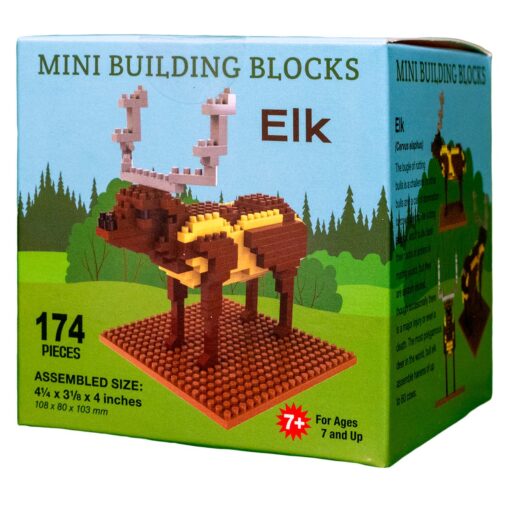 Front of the Elk Mini Building Blocks box displaying the completed elk model, highlighting the detailed antlers and body structure.