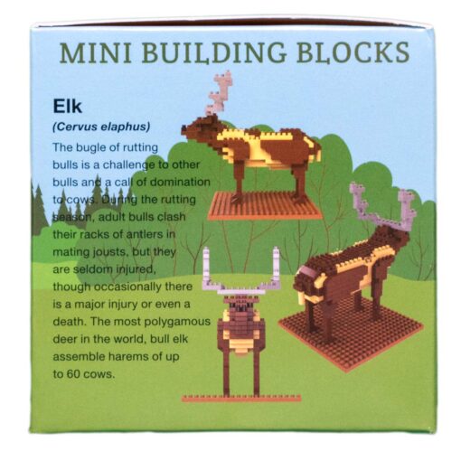 Back of the Elk Mini Building Blocks box featuring images of the completed elk model from different angles and a brief description of elk behavior.