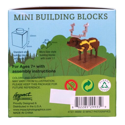 Side of the Elk Mini Building Blocks box showing the size comparison of standard and micro-sized blocks along with recycling information.