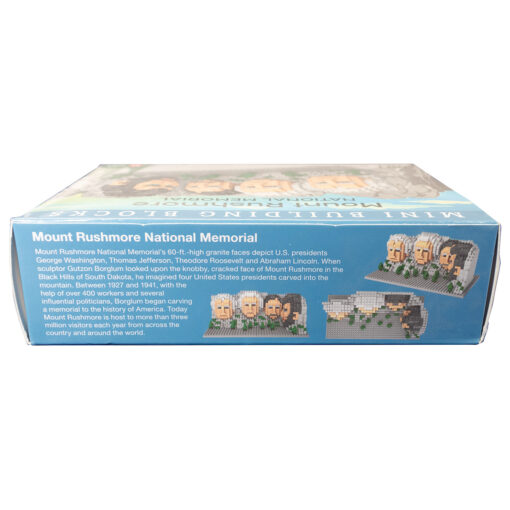 Top view of blue box containing Mt Rushmore Mini Building blocks, images include three views of the completed set and text about Mt Rushmore the memorial.