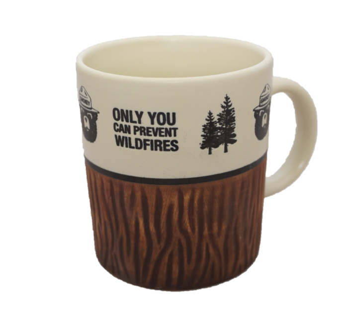 Smokey Bear Ceramic Mug – 12 oz Forest Design with Wood Texture