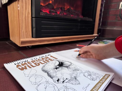 A close-up of a person drawing in a "How to Draw American Wildlife" art book while sitting by a warm electric fireplace. The page features a detailed illustration of a bison with some practice sketches visible. The person's hand is holding a pencil, actively working on the drawing. In the background, colored pencils and drawing supplies are on the floor, creating a cozy and creative atmosphere.