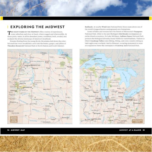 "Interior page from National Geographic's 'Guide to National Parks,' titled 'Exploring the Midwest.' It includes text describing eight Midwest national parks and their unique features, alongside detailed maps of the region. The left map highlights parks like Theodore Roosevelt and Badlands, while the right map shows parks like Indiana Dunes and Cuyahoga Valley. A band of dry grass is visible at the bottom of the page.