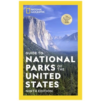 Cover of National Geographic's 'Guide to National Parks of the United States, Ninth Edition.' The cover features a scenic photograph of Yosemite National Park with El Capitan towering above a dense forest under a bright blue sky. The National Geographic logo is at the top left, with text advertising it as 'The Best-Selling National Parks Guide.