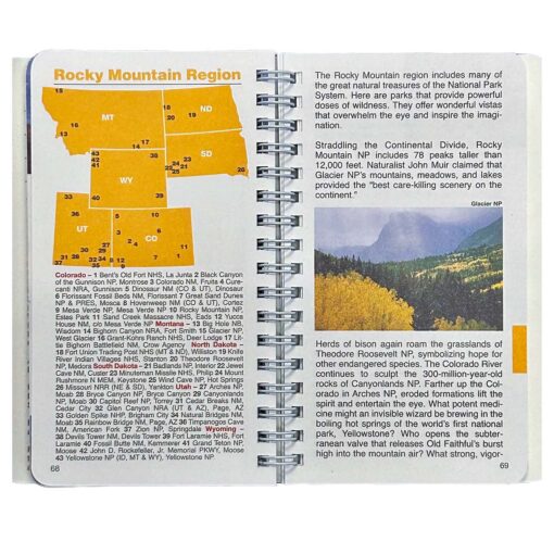 Open page from the Passport To Your National Parks® Classic Edition, highlighting the Rocky Mountain Region. The left page features a yellow map with state abbreviations and numbered locations for parks in Colorado, Wyoming, Montana, North Dakota, and South Dakota. Below the map is a list of park names corresponding to the numbers. The right page includes a description of the region's natural wonders, such as Glacier National Park, with a small photograph of a scenic autumn landscape. Additional text describes the region’s wildlife, including bison, and notable geological features like Yellowstone's geysers.