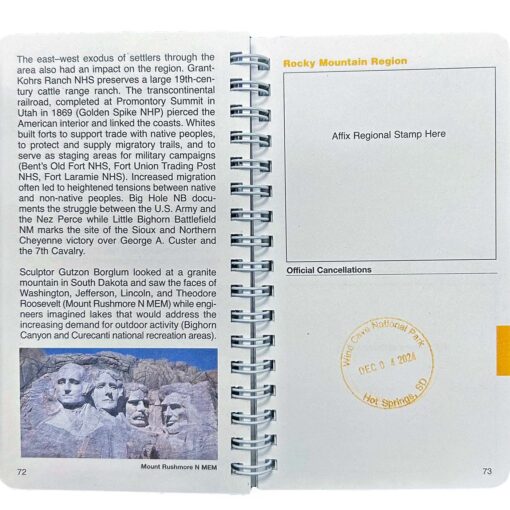 An open Passport To Your National Parks® book showing the Rocky Mountain Region section. The left page includes text describing historical sites and events, such as the transcontinental railroad, conflicts between settlers and Native Americans, and Mount Rushmore. Below the text is a photo of Mount Rushmore featuring the carved faces of Washington, Jefferson, Lincoln, and Roosevelt. The right page is titled 'Rocky Mountain Region' with a designated box for affixing a regional stamp. Below the box, there is an official cancellation stamp for Wind Cave National Park dated December 4, 2024, with the location 'Hot Springs, SD.