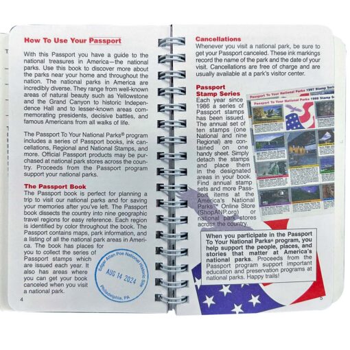 An open Passport To Your National Parks® book displaying informational content about its use. The left page is titled 'How To Use Your Passport' and describes the book's purpose for tracking visits to national parks, collecting stamps, and supporting park programs. It includes details about the Passport book, its regional layout, and its use for cancellations and stamps. A sample cancellation stamp for Edgar Allan Poe National Historic Site, dated August 14, 2024, is shown. The right page discusses cancellations, the Passport Stamp Series, and how proceeds from the program support national park education and preservation efforts. The page features small images of national park stamps and includes a box with a message emphasizing the importance of participation in the Passport program.