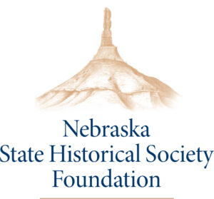 Logo of the Nebraska State Historical Foundation. Light brown pencil sketch of Chimney Rock, a tall thin natural stone spire on top of a rounded dirt mound. 