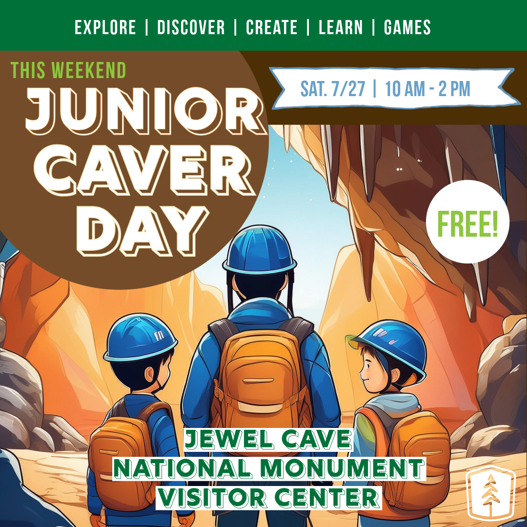 Image advertising Junior Caver Day 2024.  Cartoon of three young children face away from the viewer into a cave.  Text reads "This weekend:  Junior Caver Day"