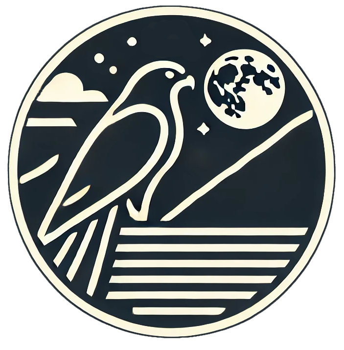 Circle logo on dark blue background. Line art of a stylized hawk in front of a night sky