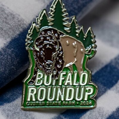 2024 Buffalo Roundup Custer State Park pin with a brown bison in front of green pins on a shiny metallic pin.