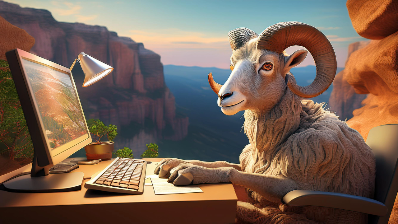 Bighorn sheep working at a computer on a desk high up a bluff.