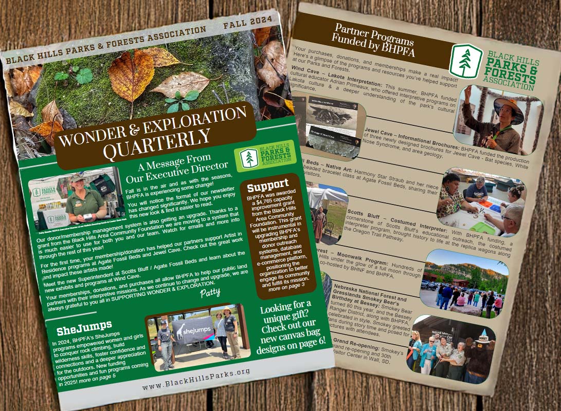 A woman wearing a green polo shirt with a "Black Hills Parks & Forests Association" logo and a name tag reading "Patty" stands at an informational booth. She is smiling and holding a small device in her hands. Behind her, the booth displays a banner with the association's logo and contact information, as well as promotional materials, including brochures and tote bags. The setting appears to be an outdoor event or market, with the focus on engaging with visitors about the association.