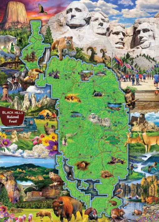 A detailed image of the Black Hills National Forest puzzle, showcasing a vibrant collage of landmarks, wildlife, and outdoor activities. Prominent elements include Mount Rushmore, Devil’s Tower, bison, mountain lions, waterfalls, and a map of the forest with highlighted locations.