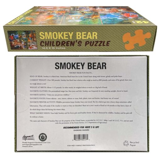 A rectangular box labeled 'Smokey Bear Children's Puzzle' with 42 pieces. The front shows multiple colorful illustrations of Smokey Bear in different outdoor scenes, including teaching children about fire safety and planting trees. The back includes fun facts about Smokey Bear, his iconic saying 'Only you can prevent wildfires,' and product details such as being recommended for ages 3 and up and made from recycled paper.