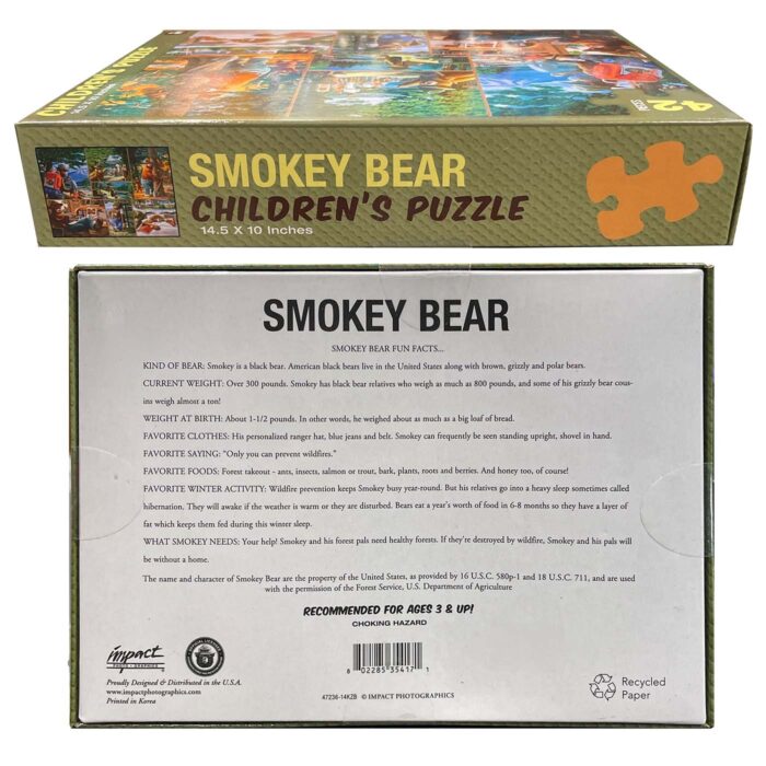 A rectangular box labeled 'Smokey Bear Children's Puzzle' with 42 pieces. The front shows multiple colorful illustrations of Smokey Bear in different outdoor scenes, including teaching children about fire safety and planting trees. The back includes fun facts about Smokey Bear, his iconic saying 'Only you can prevent wildfires,' and product details such as being recommended for ages 3 and up and made from recycled paper.