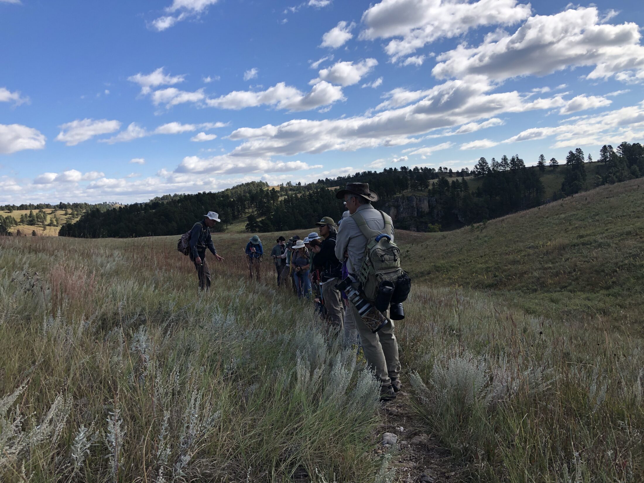 A group of people in outdoor trail maintenance gear work in a grassy field under a blue sky with puffy white clouds.