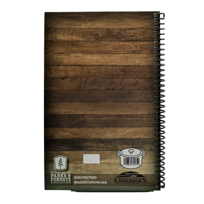 Rear cover of dutch oven recipes cookbook with wood grain finish and BHPFA logo