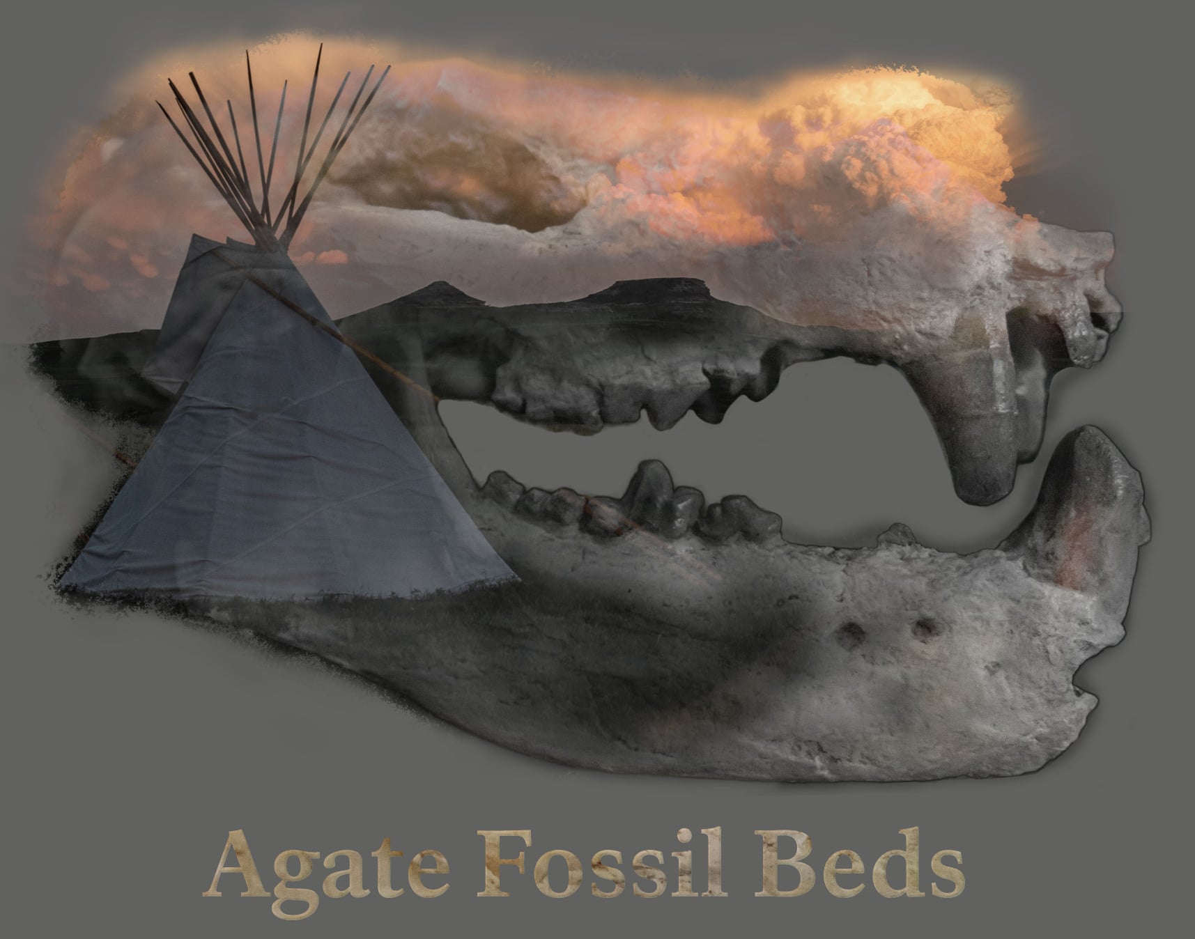 2022-11-27 (13) Double exposure of a fossil skull with a Lakota tipi and hills in background
