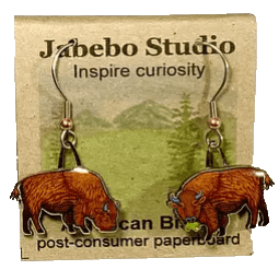 Jabebo American bison earrings, two poses on a paperboard card