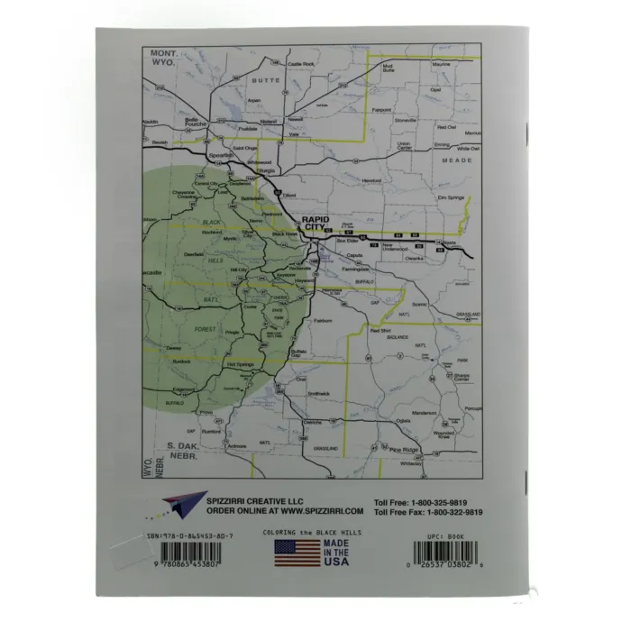 Back cover of the "Coloring the Black Hills" book featuring a detailed map of the Black Hills region, including Rapid City, national forest boundaries, and major highways.