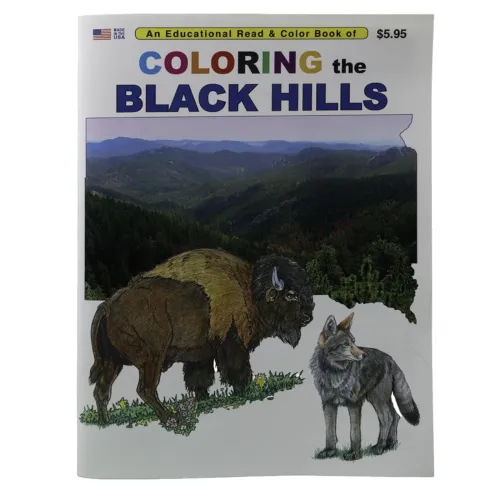 Front cover of the "Coloring the Black Hills" book showing a forested Black Hills landscape with illustrations of a bison and a coyote in the foreground.