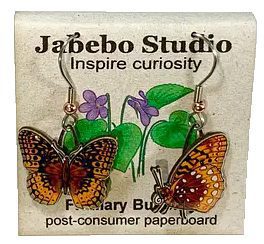 Jabebo fritillary butterfly earrings, two poses with violet leaves