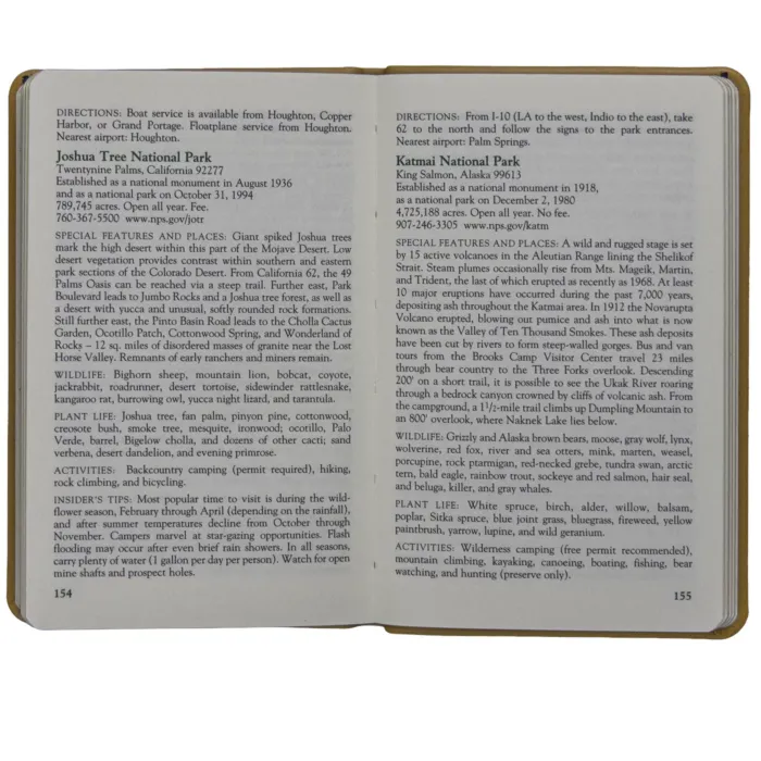Interior spread showing park descriptions for Joshua Tree and Katmai National Parks. Includes wildlife, plant life, activities, travel directions, and special features.