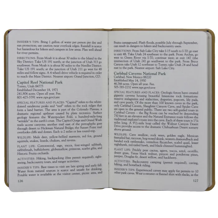 Interior spread showing park descriptions for Joshua Tree and Katmai National Parks. Includes wildlife, plant life, activities, travel directions, and special features.
