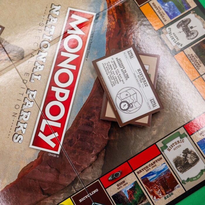Detail shot of National Park Monopoly board with cards.