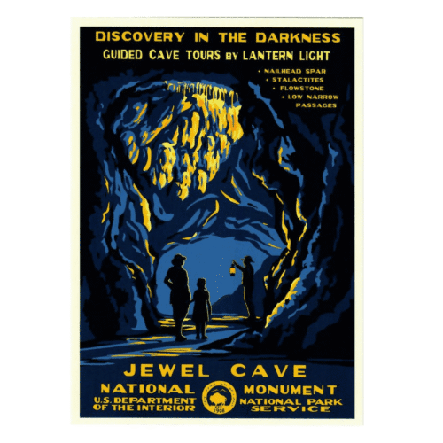 Jewel Cave National Monument WPA-style serigraph poster by Ranger Doug, lantern cave tour design