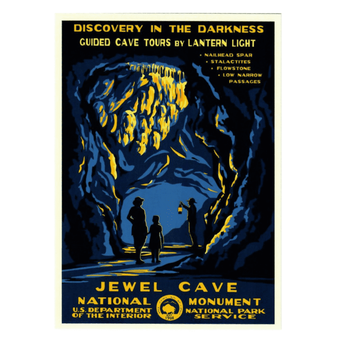 Jewel Cave National Monument WPA-style serigraph poster by Ranger Doug, lantern cave tour design