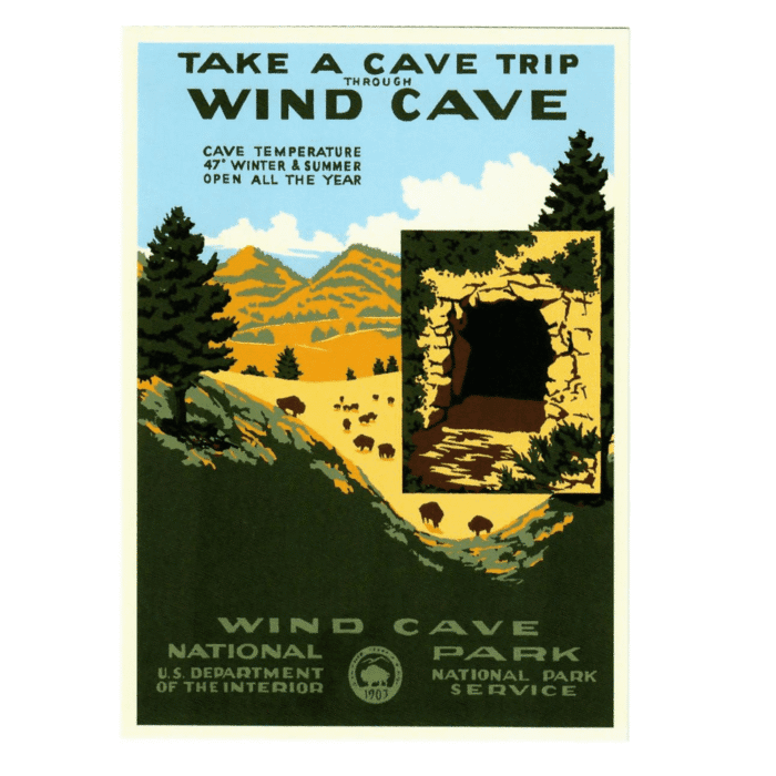 Wind Cave National Park WPA serigraph poster by Ranger Doug, take a cave trip design