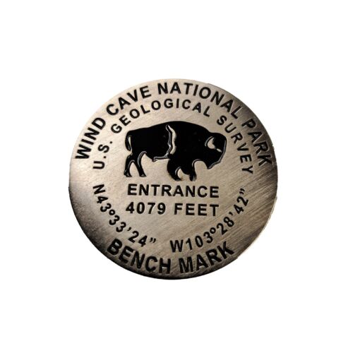 Wind Cave National Park brushed-metal USGS benchmark magnet with bison