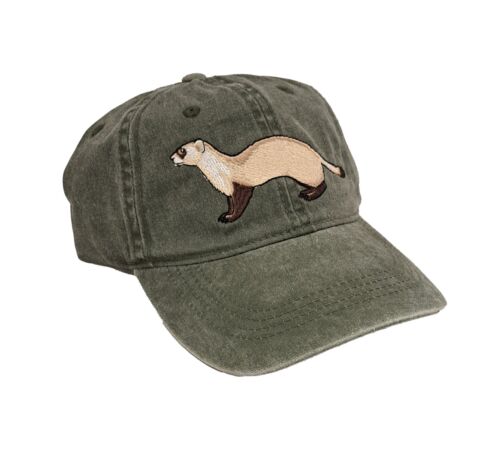 Olive washed-cotton cap with an embroidered black-footed ferret on the front