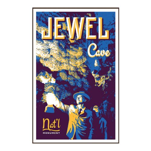 Jewel Cave National Monument Scenic Highways sticker, bordered poster art of a lantern-holding caver