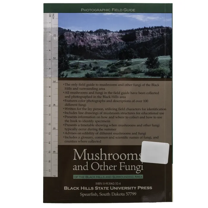 Rear cover of the black hills mushroom field guide book titled Mushrooms and other Fungi