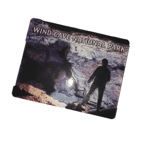 Wind Cave National Park rectangular resin magnet with a 3D photo of a caver silhouette inside the cave