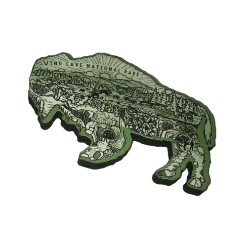 Wind Cave National Park green bison-silhouette magnet with a park scene illustrated inside