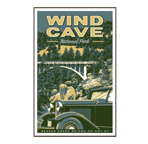 Wind Cave National Park Scenic Highways sticker, bordered poster art of Beaver Creek Bridge