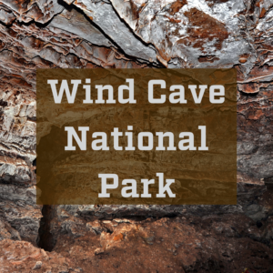 The background is a unique cave formation called boxwork with the text Wind Cave National Park