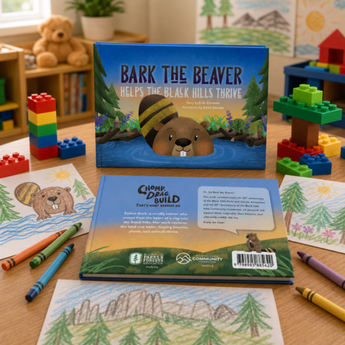 Front and back covers of Bark the Beaver book displayed in a child's room with crayon drawings of the Black Hills