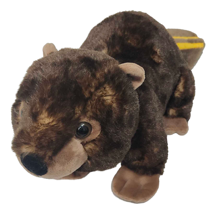 Bark the Beaver 12-inch plush, front view showing mottled brown beaver with yellow tail stripes