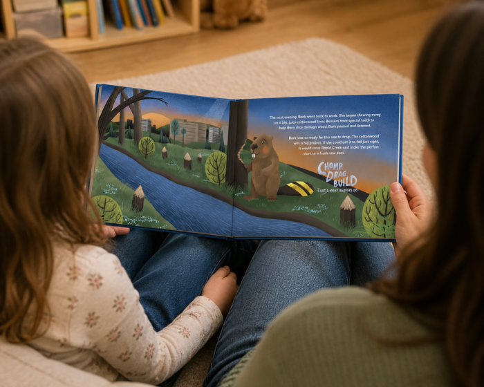Bark the Beaver book being read by parent and child during story time