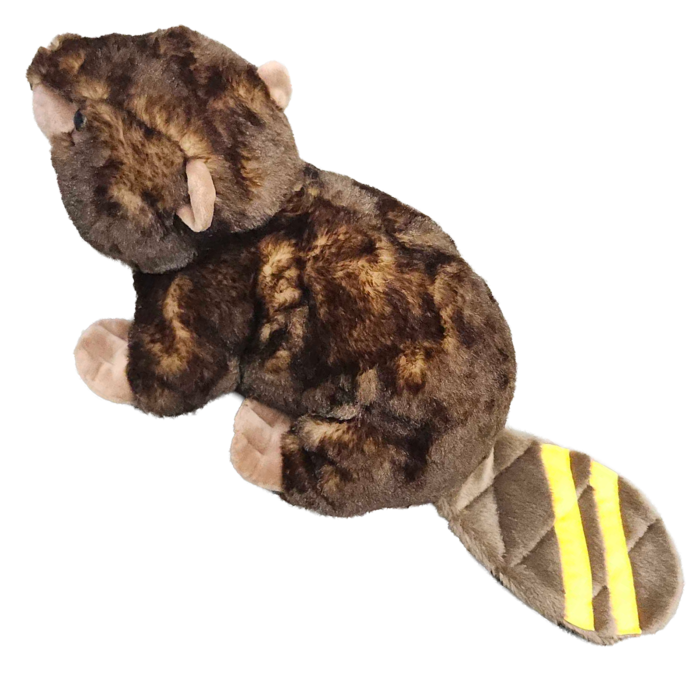 Bark the Beaver plush, top view showing yellow stripes on flat beaver tail