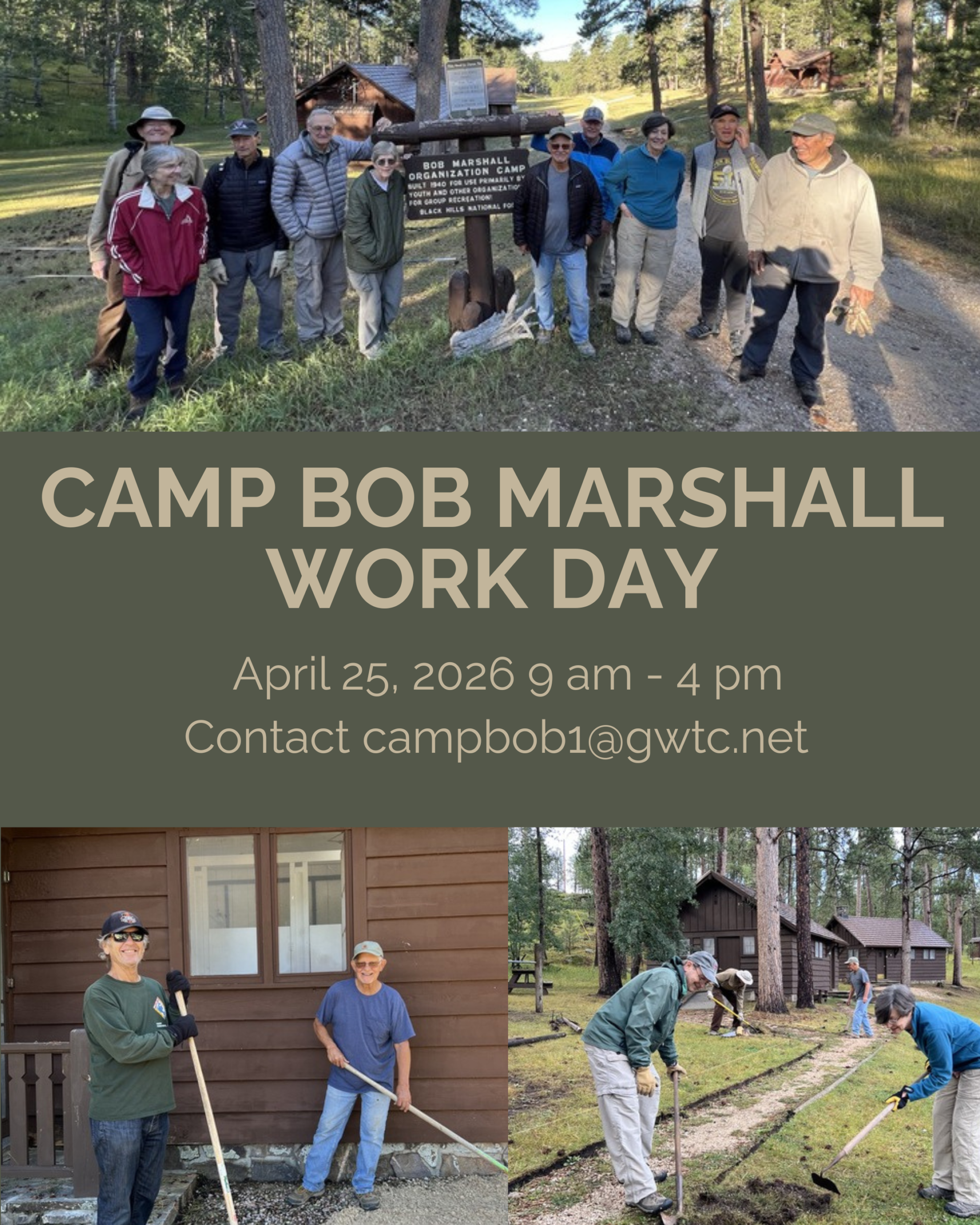 A graphic with three pictures of people of all ages doing trail work in a wooded area. The graphic says Camp Bob Marshall Work Day